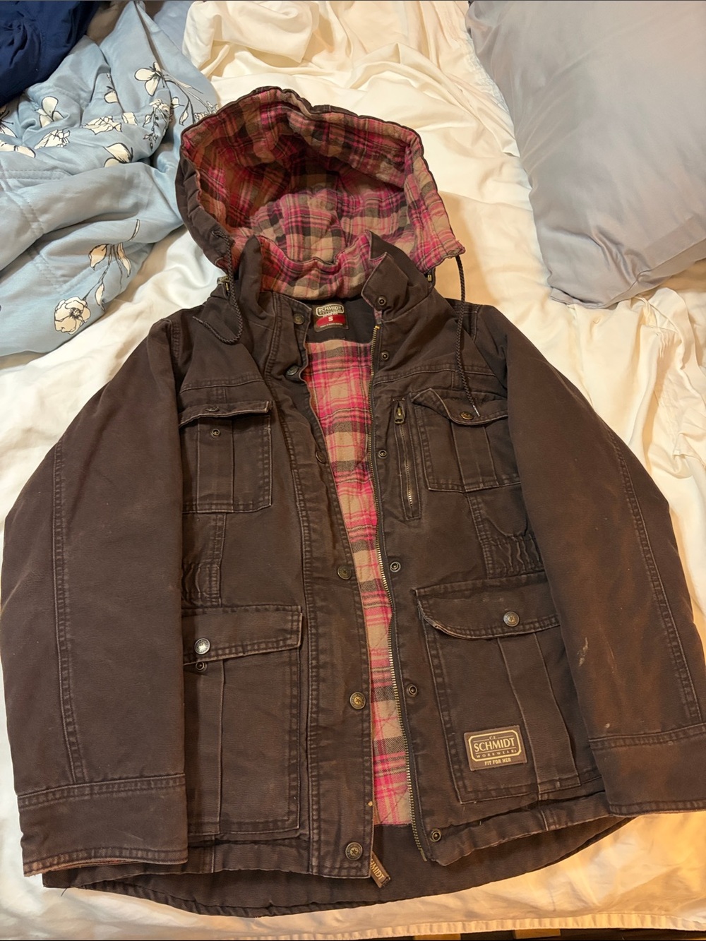 Schmidt Brown Women's Hooded Utility Jacket with Pink Plaid Lining